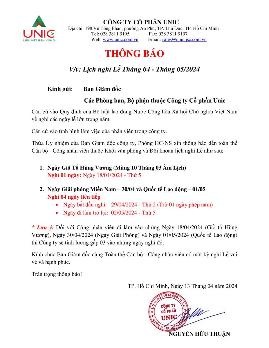 THÔNG BÁO LỊCH NGHỈ LỄ 30/04 - 01/05/2024